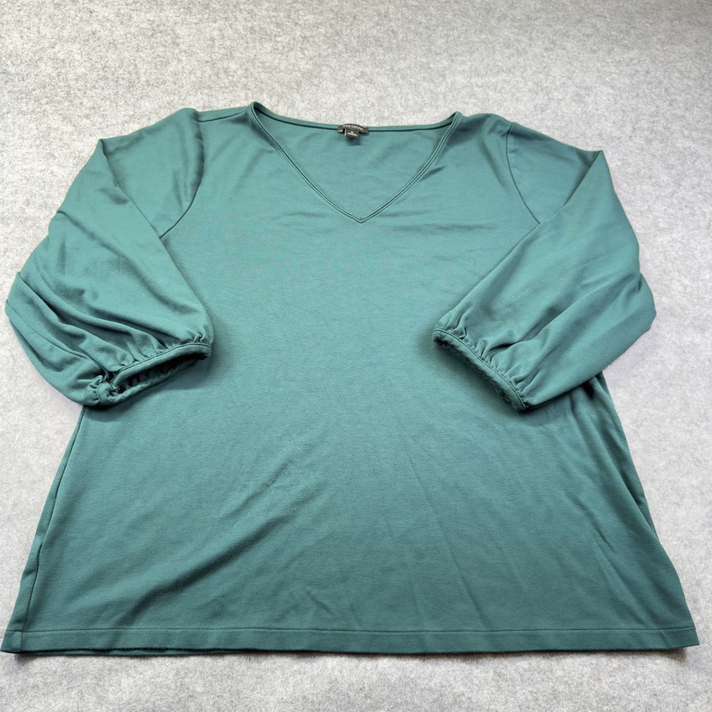 Ann Taylor V-Neck Top Women XL Green Excellent 3/4 Balloon Sleeve Knit Blouse